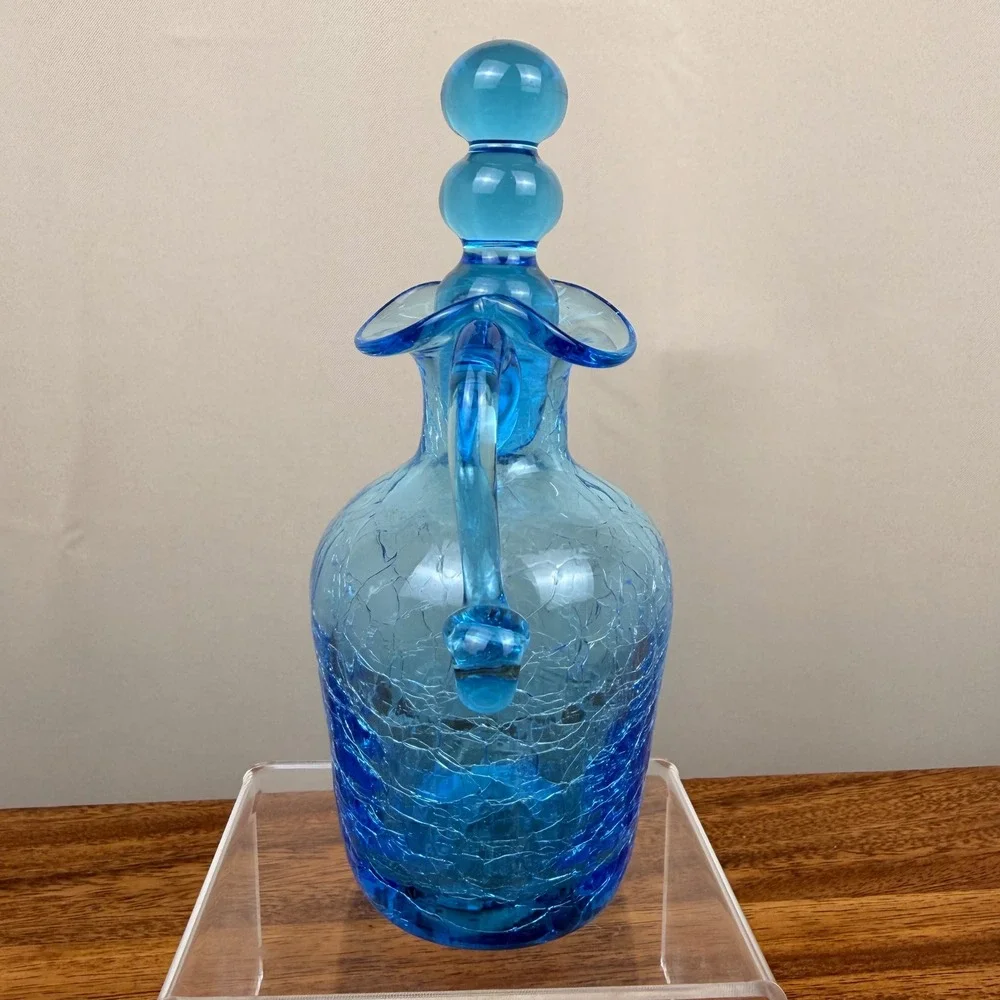 Vintage Blue Crackle Glass Decanter Mini Pitcher Cruet with Ball Stopper 6.5in
